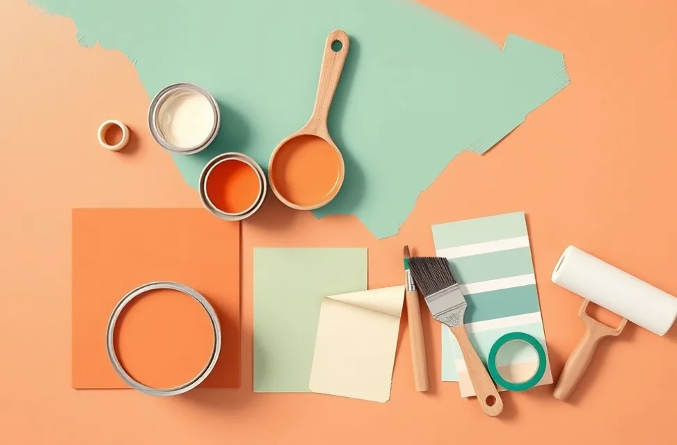 Pots de peinture, nuancier, brosses et rouleaux disposés à plat
