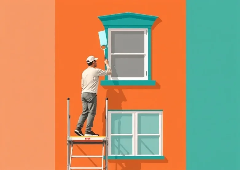 Peintre sur échafaudage traitant la façade d'une maison