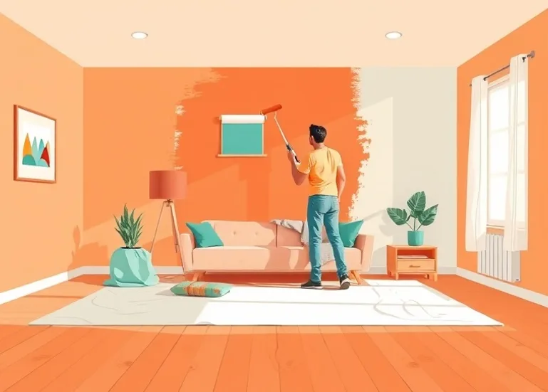 Peintre appliquant la peinture au rouleau sur un mur de salon